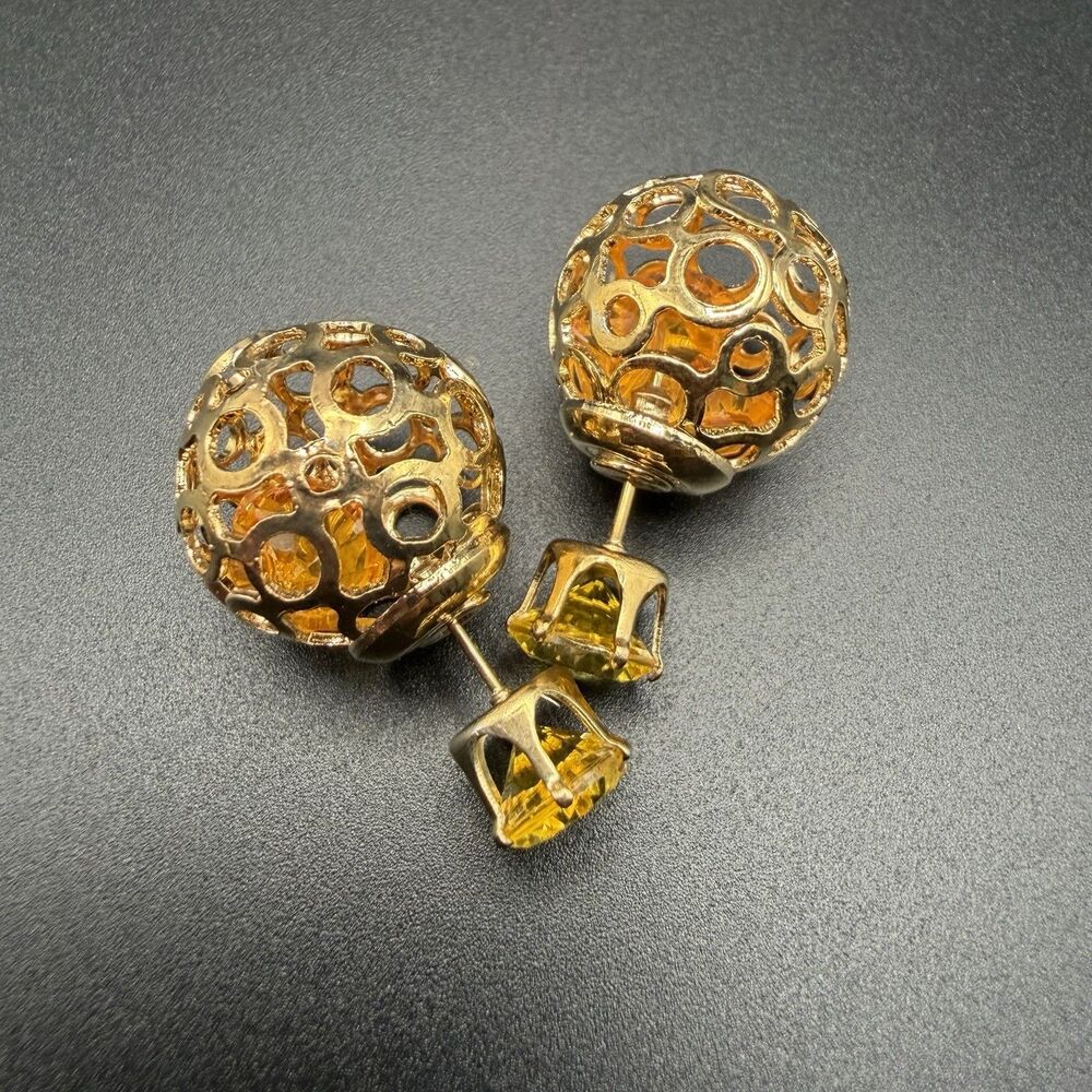 Gold Tone Filigree Ball Ear Studs With Amber Yellow Backing Crystal Earrings New